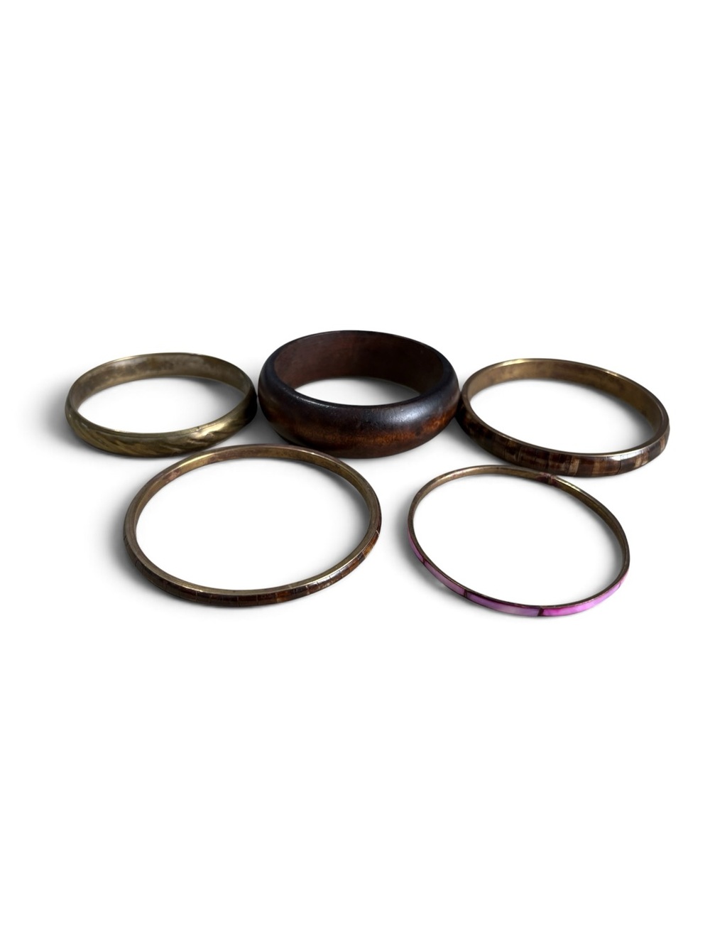 Mixed Metal and Wood Bangle Bracelet Set - Brown and Gold Tones